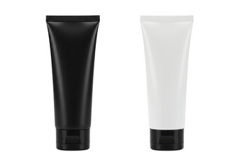 A black and a white tube of cream or lotion stand sidebyside, isolated on transparent background