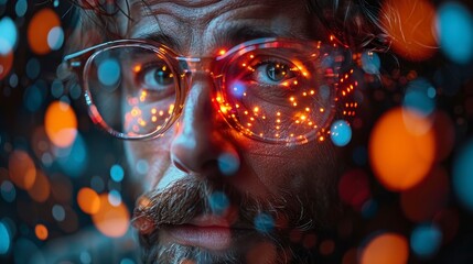 Man's face with glasses reflecting bokeh lights, focus is sharp