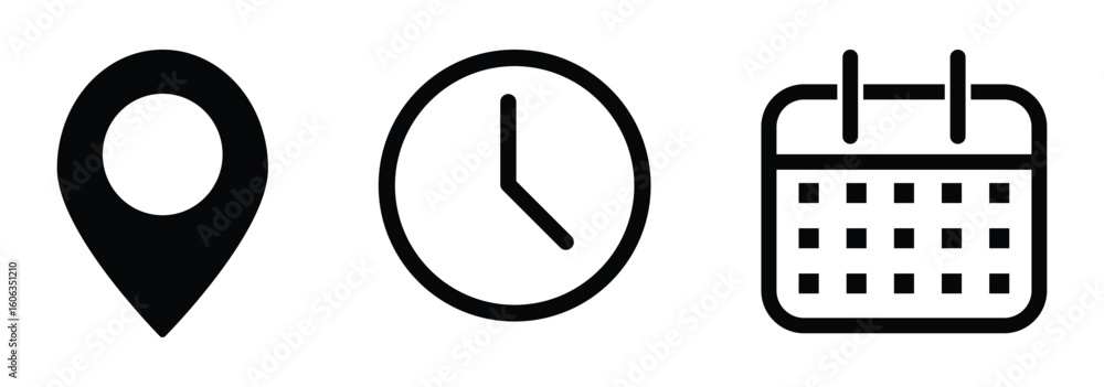 Poster address location icon. stopwatch timer icon. date calendar icon - web icons set. calendar, location 