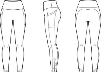 Women’s leggings technical sketch front, side, and back views, high waistband, side pockets, contoured seams, fitted silhouette, fashion flat activewear illustration
