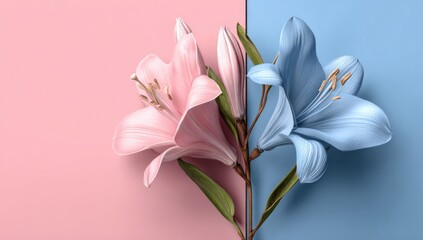Fototapeta premium Two pastel-colored lilies on a contrasting background.