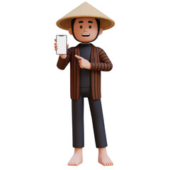 3D indonesia javanese farmer pointing and presenting on the smartphone