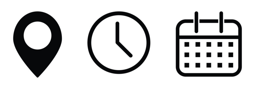 Address location icon. Stopwatch timer icon. Date Calendar icon - Web icons set. Calendar, Location pin, Clock icons. Event icon set. Address, time, date symbols vector eps 10