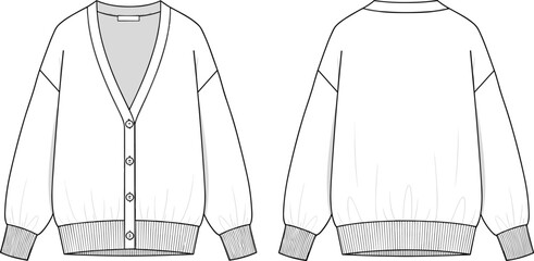 Technical sketch of women’s cardigan front and back views, V-neckline, four-button closure, dropped shoulder, ribbed cuffs and hem, fashion flat sweater illustration