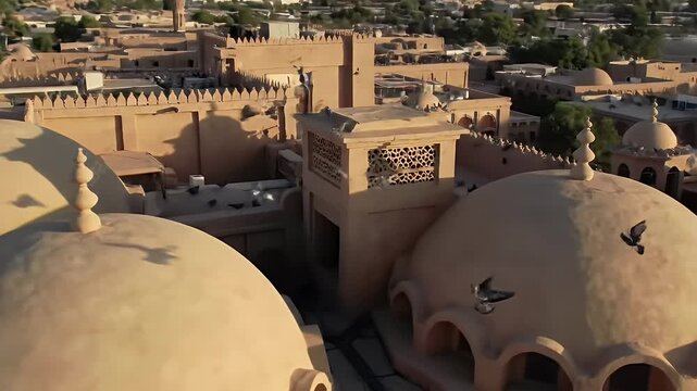 Aerial View of Traditional Clay Architecture in Yazd Iran Featuring Domed Roofs and Windcatchers in Middle East Desert Cityscape