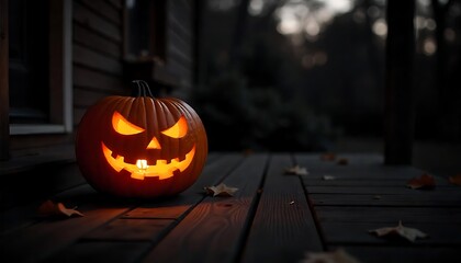 Eerie glowing jack-o'-lantern on a porch welcomes trick-or-treaters this Halloween night