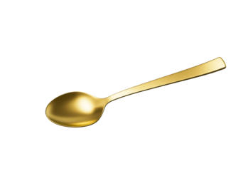A shiny golden spoon with a reflective surface, slender handle and oval bowl. 3D Illustration.