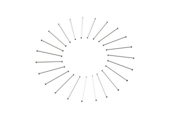 A circular arrangement of metal staple pins, creating a sleek geometric pattern. 3d illustration