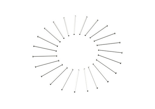 A circular arrangement of metal staple pins, creating a sleek geometric pattern. 3d illustration