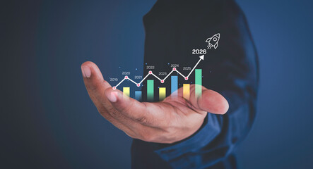 Bar line chart forecast. Business growth and future target trend analysis. Data performance, AI...