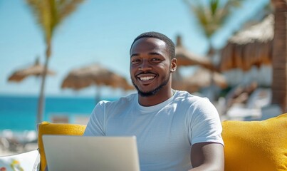 Happy young black man working remotely from home during a virtual meeting,  the digital nomad lifestyle by the beach, enjoying both work and vacation, Generative AI