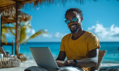 Happy young black man working remotely from home during a virtual meeting,  the digital nomad lifestyle by the beach, enjoying both work and vacation, Generative AI