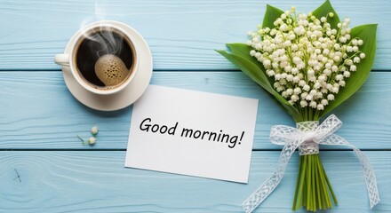 Steaming Coffee Cup, Lilies of the Valley Bouquet and "Good Morning" Note on Blue Wooden Table
