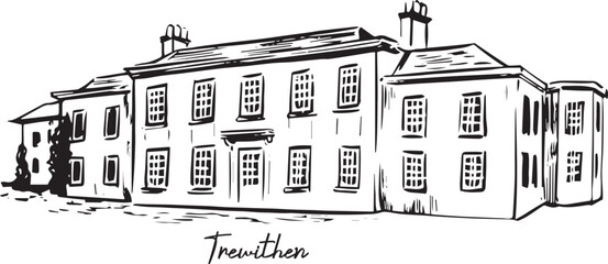 Ink sketch of Trewithen House in Truro, Cornwall — stately Georgian country house in classic British style with symmetrical façade, windows and chimneys, elegant architecture in England