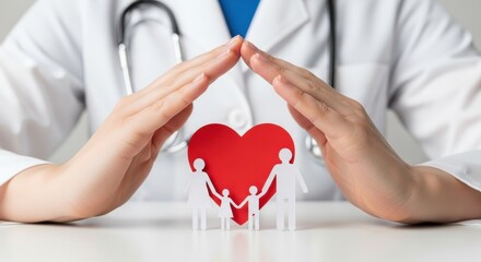 Doctor's Hands Protecting Paper Family and Red Heart Symbol of Healthcare