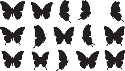 A set of black butterfly silhouettes isolated on a white background. Vector illustration of flying insects from different angles.