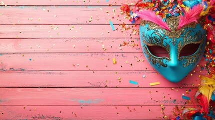 Purim Jewish carnival holiday concept with festive decorations on a pink wooden background.