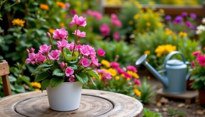 Obraz premium Beautiful Pink Flowers in White Pot on Table Surrounded by Colorful Blooming Garden Scene