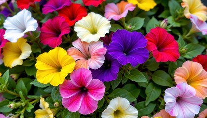 Vibrant Flower Arrangement with Multicolored Petunias in Bloom during Sunny Day