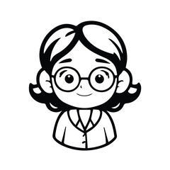 Young female cartoon character in business attire, smiling and wearing glasses, in a simple portrait style. Student/professional in a modern setting.