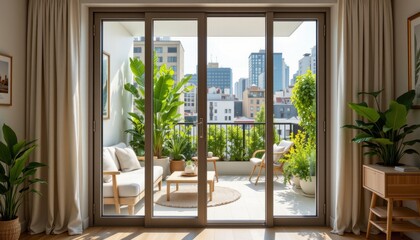 Bright and Modern Urban Balcony with Green Plants and Cozy Seating Area in City Apartment