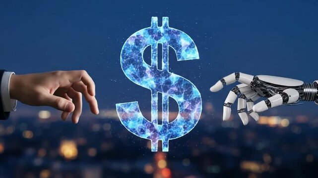 A human hand and a robot hand reach for a digital dollar sign, symbolizing the intersection of ai and finance