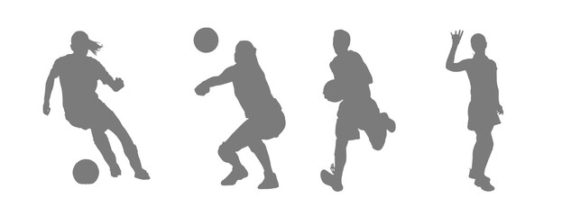 Four silhouettes of female soccer players in action on black background