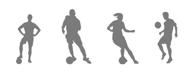 Four silhouettes of soccer players in action on a black background