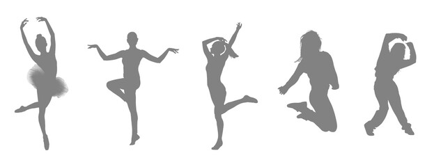 Silhouettes of five dancers in various ballet poses against a black background