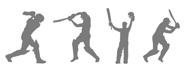 Silhouettes of cricket players in various batting stances and actions