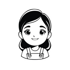 Young girl in overalls, smiling cheerfully in a simple pose. Cute cartoon girl in casual attire, suitable for an illustrated child's book or a children's product advertisement.