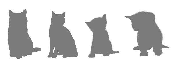 Four silhouettes of cats in different poses against a black background