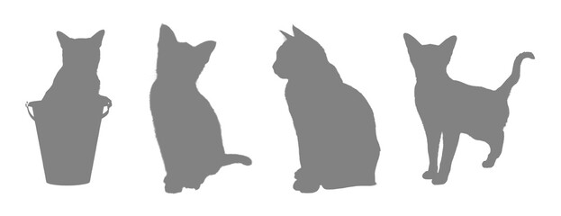 Four silhouettes of cats in different poses on a black background