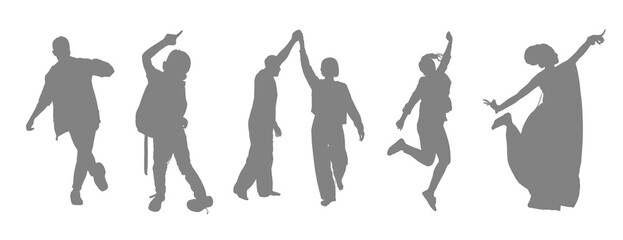 Group of diverse people celebrating with raised arms in silhouette against black background