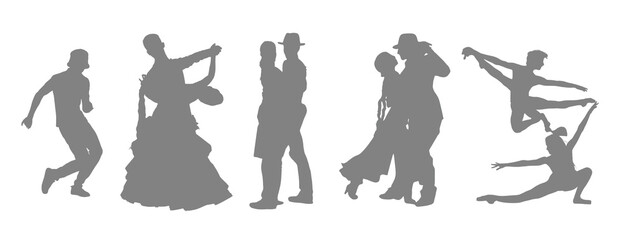 Silhouettes of couples dancing in various styles against a black background