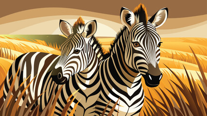 Fototapeta premium Two zebras stand together in the african savannah at sunset
