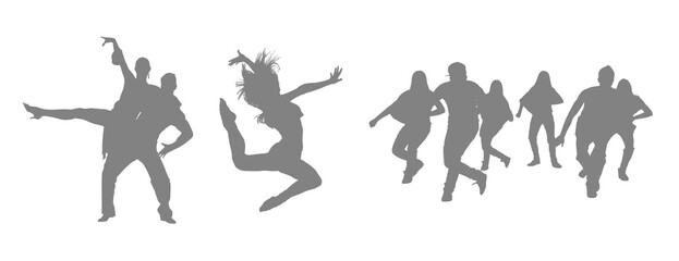Silhouettes of people dancing and jumping in celebration against a black background