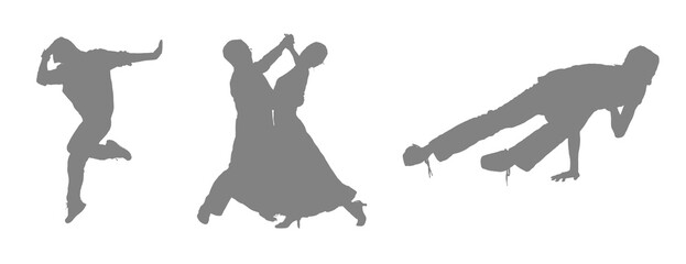 Three abstract silhouettes of figures in motion against a black background