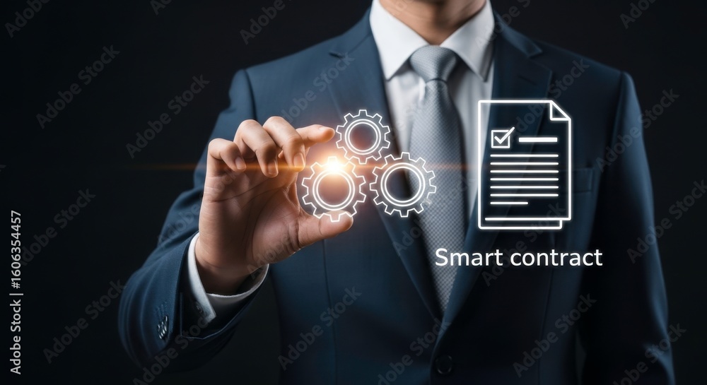 Aufkleber man in suit interacting with digital gears and smart contract icon on a dark background