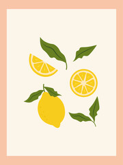 Citrus fruits abstract poster. Contemporary print with hand drawn lemon, leaves and flowers. Dolce vita aesthetics. Italian summer vacation. Elegant design for card, banner, menu, cover. 