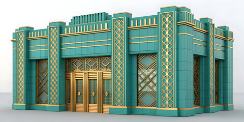 Art deco building render with peacock teal and gold tones