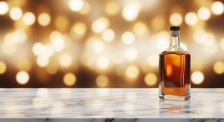 Elegant Whiskey Bottle on Marble Surface with Warm Bokeh Background: Festive, Luxurious, and Sophisticated.