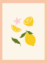 Citrus fruits abstract poster. Contemporary print with hand drawn lemon, leaves and flowers. Dolce vita aesthetics. Italian summer vacation. Elegant design for card, banner, menu, cover. 