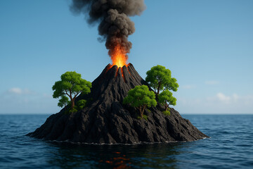 A dramatic black rock island erupts, glowing lava bursting skyward, surrounded by vivid green trees under a serene ocean-blue sky.