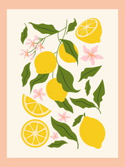 Citrus fruits abstract poster. Contemporary print with hand drawn lemon, leaves and flowers. Dolce vita aesthetics. Italian summer vacation. Elegant design for card, banner, menu, cover