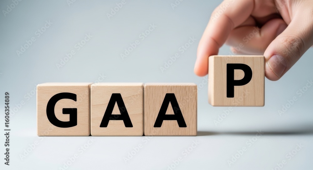 Poster wooden blocks spelling gaap with a hand placing the p block to complete the word on a light surface