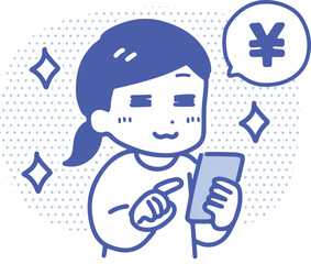 スマホでお金のやりとりをする笑顔の若い女性(上半身・線画)	