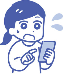 スマホを見て困っている若い女性(上半身・線画)	