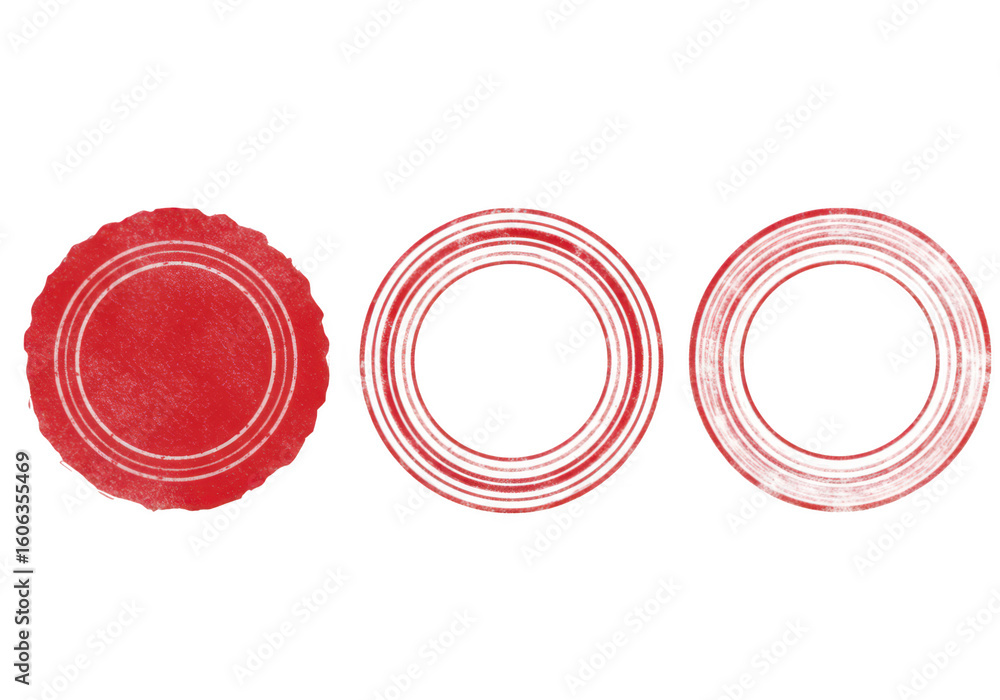 Poster a set of three red grunge stamps, one scalloped and two circular with concentric rings isolated on t
