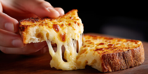 Toasted bread with molten cheese pulled apart by fingers, showing mouth-watering cheese strings. 